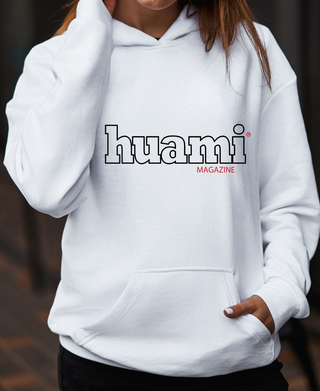 White Hoodie Black Text Outline (Women's)